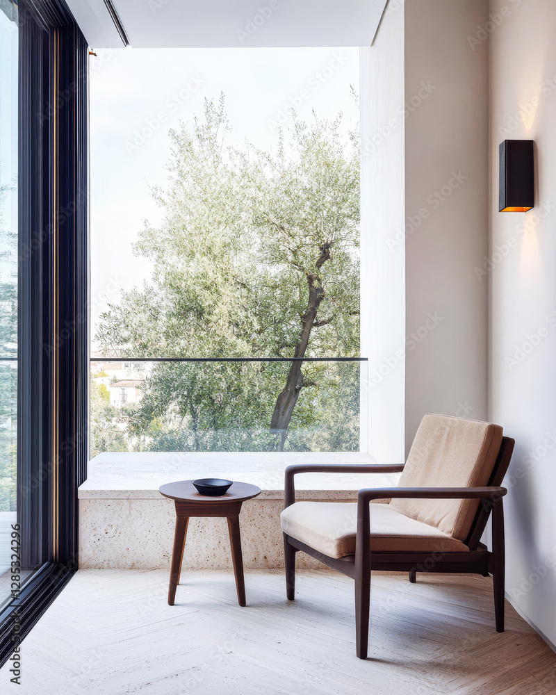 Obraz premium Cozy interior corner with modern chair and outdoor view of greenery