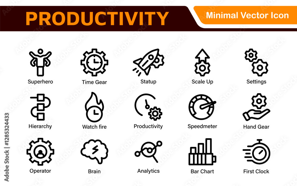Productivity and Efficiency Icons Collection. Vector Icons for Task Management, Time Optimization, Work Process, and Goal Achievement