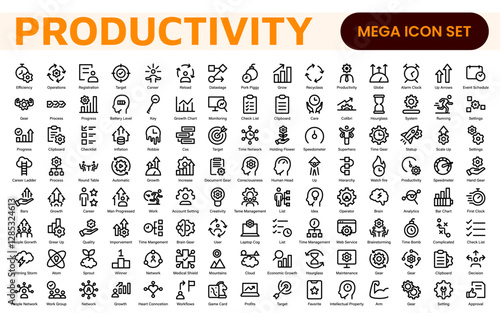Productivity and Efficiency Icons Collection. Vector Icons for Task Management, Time Optimization, Work Process, and Goal Achievement