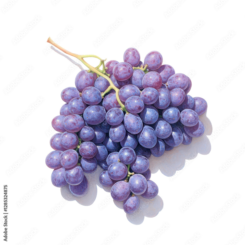Purple Grape Paradise: An eye-level, top-down capture of a bunch of ripe, juicy purple grapes with stem and leaves, casting shadows, evokes freshness and sweetness. Purple Grape Paradise: An eye-level, top-down capture of a bunch of ripe, juicy purple grapes with stem and leaves, casting shadows, evokes freshness and sweetness.