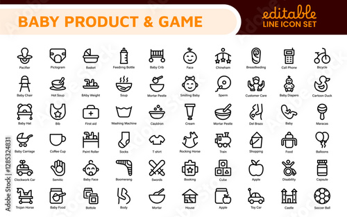 Baby Product & Game Icon Set. A charming collection of icons designed for parents and caregivers, perfect for websites, apps, and marketing materials focused on baby products and playful learning.