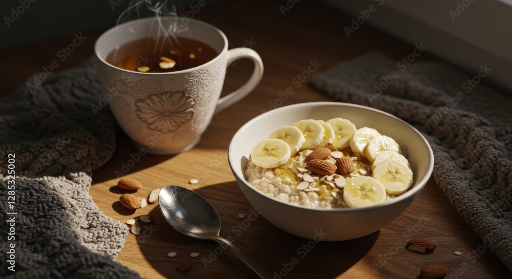 Enjoying Cozy Breakfast Oatmeal with Banana Almonds and Hot Herbal Tea Enjoying Cozy Breakfast Oatmeal with Banana Almonds and Hot Herbal Tea