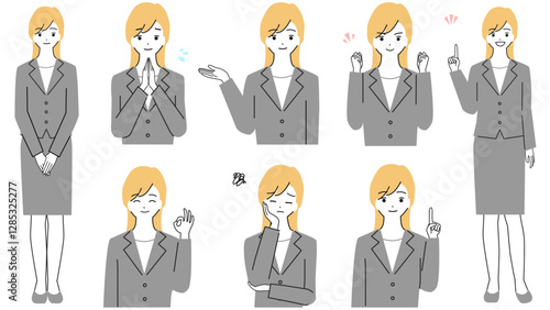 スーツを着ている若い女性の表情のセットのイラスト