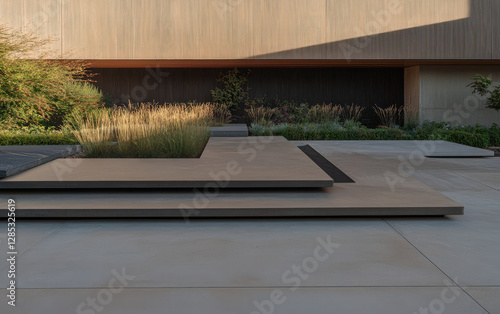 Modern architectural landscape features minimalist design elements with natural integration photo