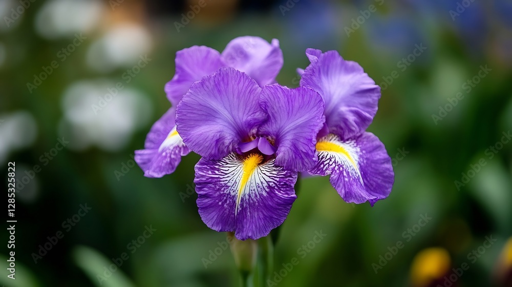 Vibrant Purple Iris Flower Blossoms in Nature's Scenic Garden Setting : Generative AI