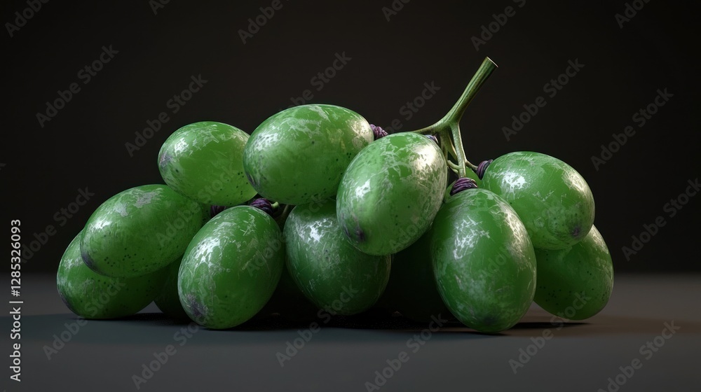 Obraz premium A cluster of vibrant green grapes resting on a dark surface, highlighting their freshness and texture