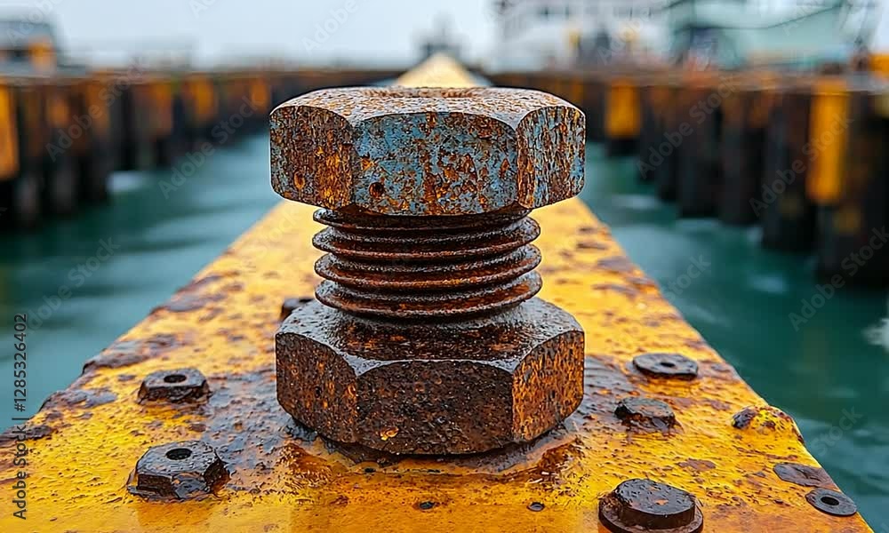 Close-up of a rusty bolt on a weathered dock with a blurred industrial background Close-up of a rusty bolt on a weathered dock with a blurred industrial background