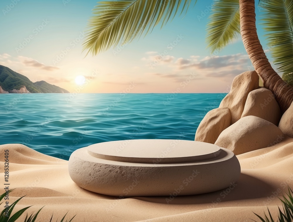 Obraz premium Stone podium on a tropical beach with ocean background