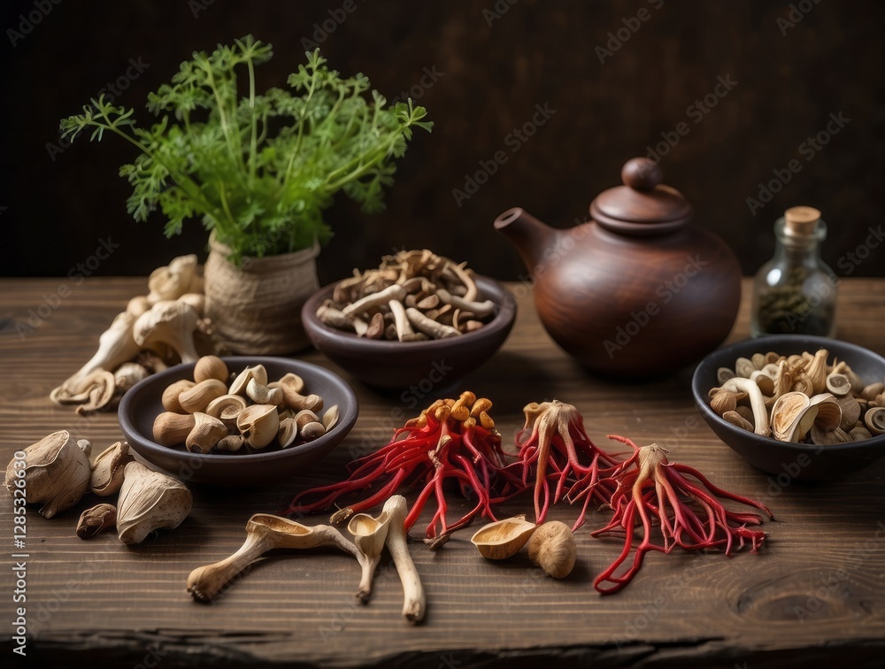 Still life featuring varieties of mushrooms and green plant Still life featuring varieties of mushrooms and green plant