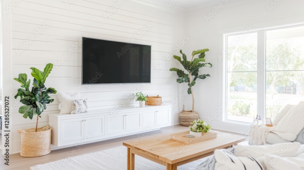 Fototapeta premium Modern Living Room Design Featuring Large Window, Plants, and Minimalist Decor in a Bright and Inviting Space