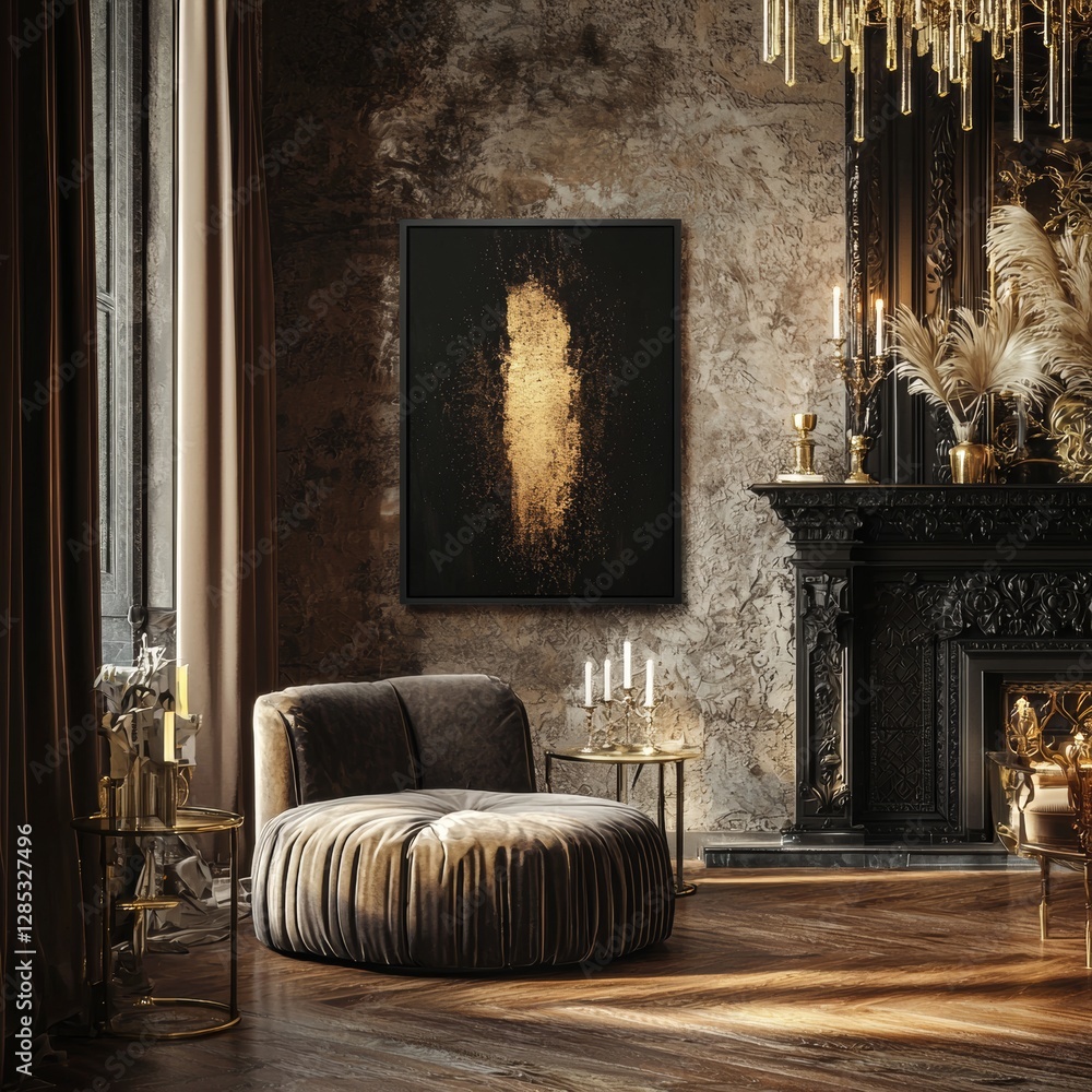 Fototapeta premium Elegant Black Velvet Lounge With Ornate Decor and Dramatic Lighting in a Stylish Living Space