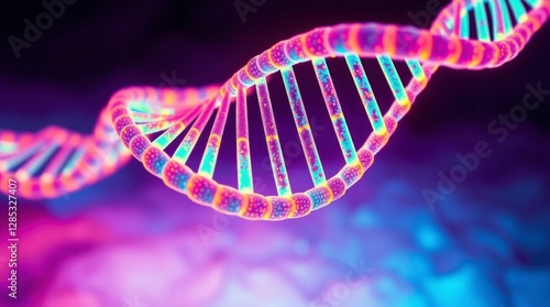 Abstract blue and red 3D rendering illustrates an isolated DNA helix spiral against a light sky in this science and technology concept