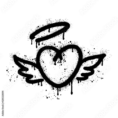 Flying heart with wings and angel ring, black and white hand drawn graffiti style drawing
