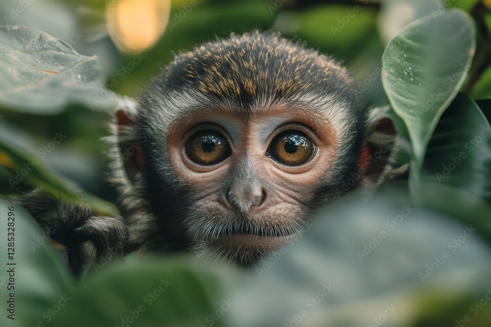 Obraz premium Baby monkey hiding in the jungle is observing with its beautiful eyes