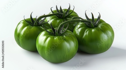 Wallpaper Mural Group of vibrant green tomatoes with lush stems, set against a clean white background Torontodigital.ca