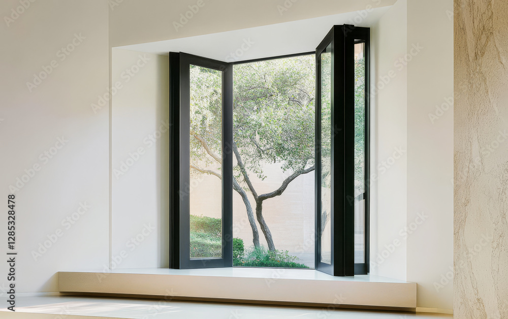 Fototapeta premium Elegant modern window design opening to a serene garden view in bright daylight