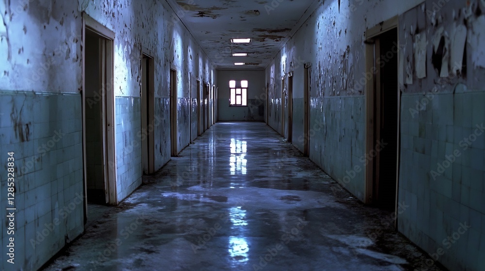 A Gloomy Abandoned Hospital Corridor with Peeling Paint and Water Damage : Generative AI A Gloomy Abandoned Hospital Corridor with Peeling Paint and Water Damage : Generative AI