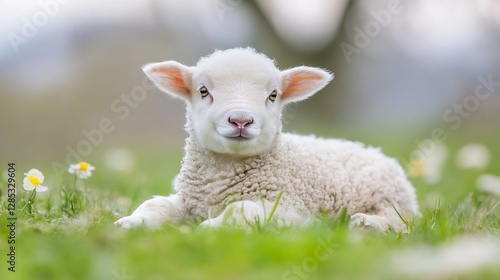 Cute little lamb lying on green grass surrounded by flowers relaxing in a peaceful meadow : Generative AI