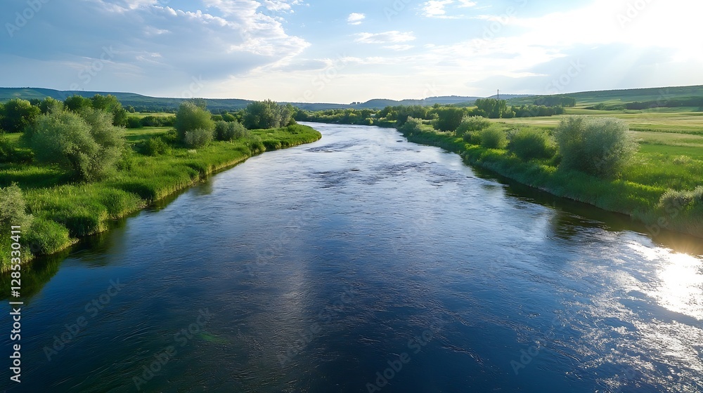 Serene River Flowing Through Lush Green Landscape Under Blue Sky : Generative AI Serene River Flowing Through Lush Green Landscape Under Blue Sky : Generative AI