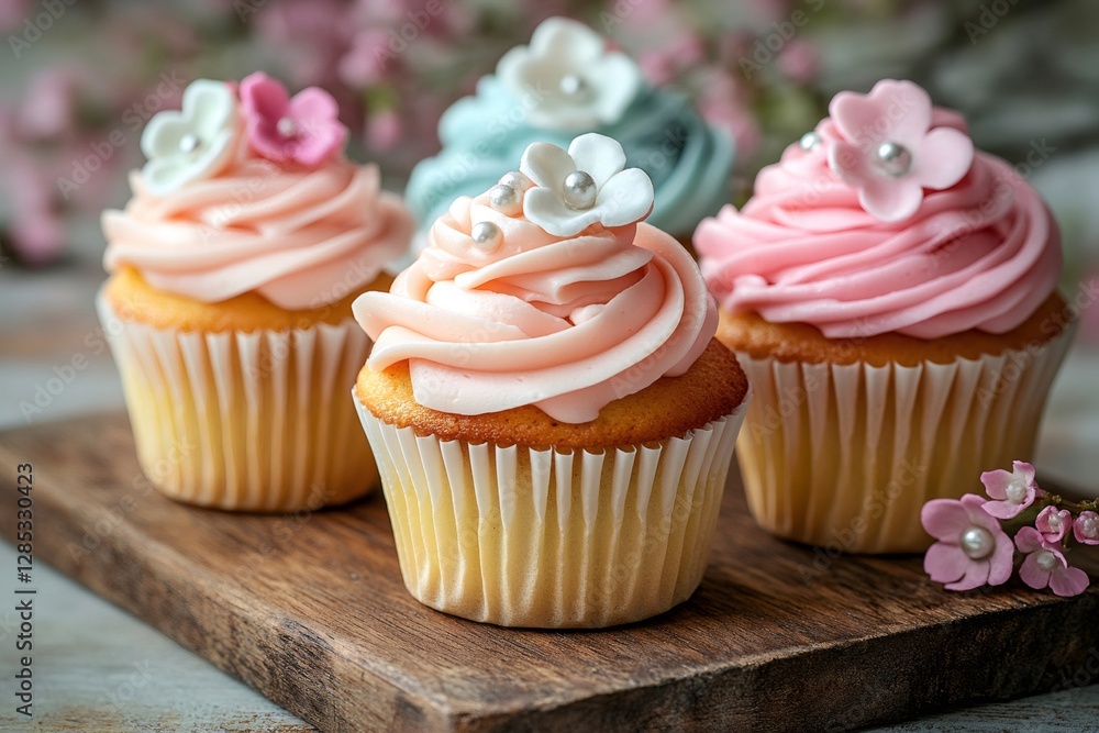 Delicious cupcakes with colorful frosting and sugar flowers resting on wooden board Delicious cupcakes with colorful frosting and sugar flowers resting on wooden board