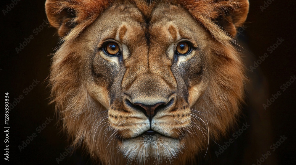 Majestic lion gazing intensely, showcasing its rich mane against a dark backdrop, symbolizing strength Majestic lion gazing intensely, showcasing its rich mane against a dark backdrop, symbolizing strength