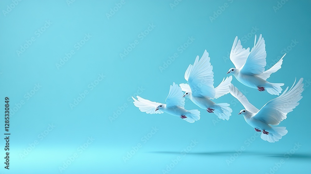 A minimalist graphic depicts white doves in flight, offering copy space for a message of peace or love A minimalist graphic depicts white doves in flight, offering copy space for a message of peace or love