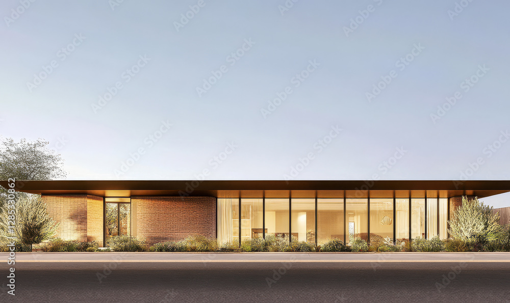 Modern architectural design featuring a sleek building in a desert landscape at sunset Modern architectural design featuring a sleek building in a desert landscape at sunset