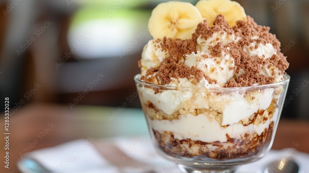 Delicious creamy banana dessert parfait with layers of chocolate and whipped cream in a glass bowl : Generative AI Delicious creamy banana dessert parfait with layers of chocolate and whipped cream in a glass bowl : Generative AI