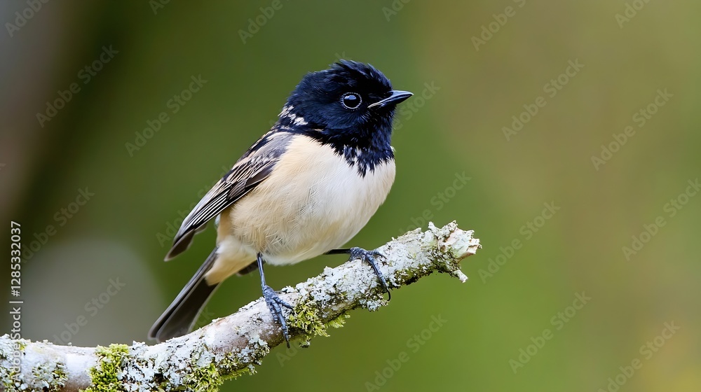 Beautiful small black and beige bird perched on a branch in a blurred green background : Generative AI Beautiful small black and beige bird perched on a branch in a blurred green background : Generative AI