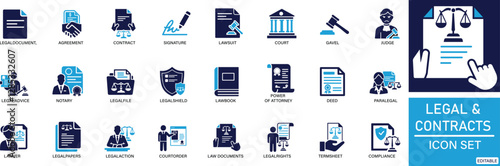 Legal & Contracts icon set LegalDocument, Contract, Agreement, Signature, Lawsuit, Court, Gavel, Judge, Legal Advice, Notary You can easily change the color.