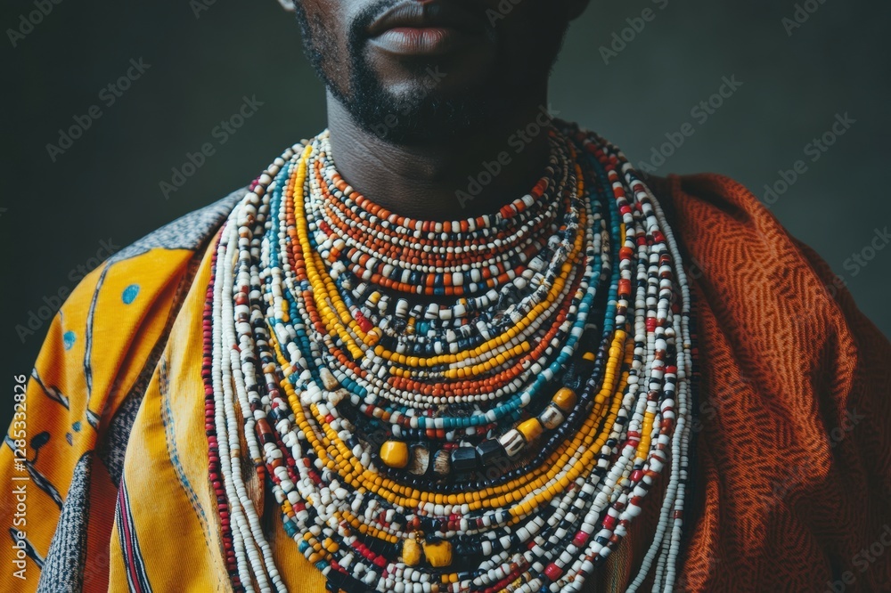 Obraz premium African Man with Bright Beaded Necklaces in Traditional Attire for Black History Month and Kwanzaa Celebration.