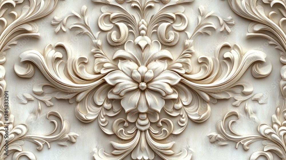 Intricate Floral Relief Design on Wall Paneling in Elegant Interior Space Intricate Floral Relief Design on Wall Paneling in Elegant Interior Space