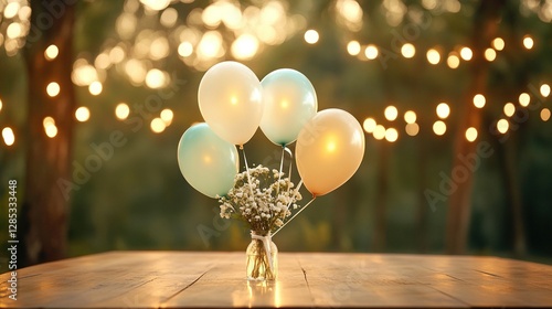 Whimsical garden celebration featuring pastel balloons, fairy lights, rustic table setting, perfect for intimate gatherings photo