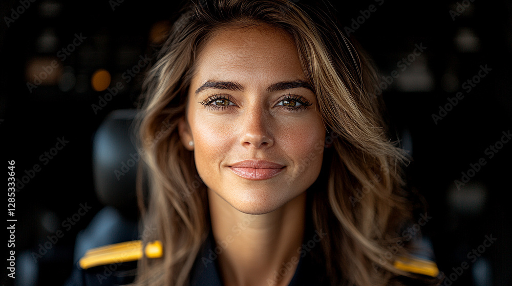 Obraz premium A young, beautiful, and confident female pilot stands elegantly in a sleek uniform, embodying professionalism and grace. The blurred modern background enhances her poised presence