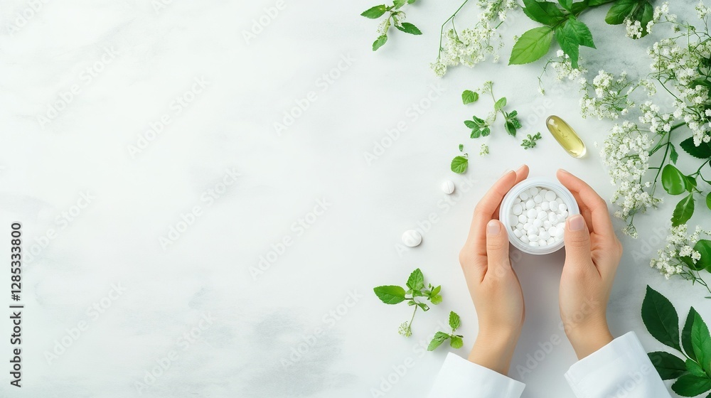 Homeopathic Consultation, woman discussing natural treatments, hands with herbal remedies, emphasizing wellness and holistic healthcare.