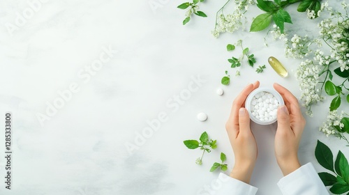Obraz na płótnie Homeopathic Consultation, woman discussing natural treatments, hands with herbal remedies, emphasizing wellness and holistic healthcare. w salonie