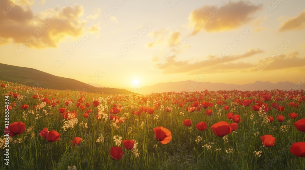 Sunset Over Poppy Field: Vibrant Red Flowers in Golden Hour Light Sunset Over Poppy Field: Vibrant Red Flowers in Golden Hour Light