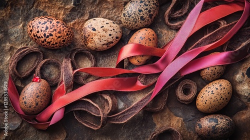 Rustic Easter eggs ribbon decor, spring celebration, textured background, holiday card