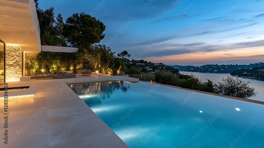 Fototapeta premium Luxurious Infinity Pool Overlooking Serene Sunset View with Glistening Waters and Tranquil Ambiance : Generative AI
