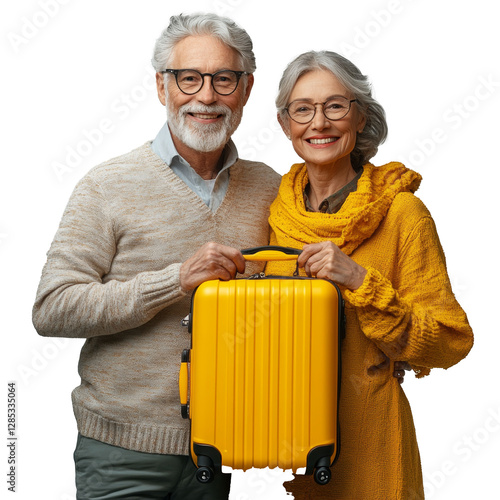 Portrait of happy smiling couple of Caucasian pensioners with suitcase and bags in hands going on vacation isolated on transparent background