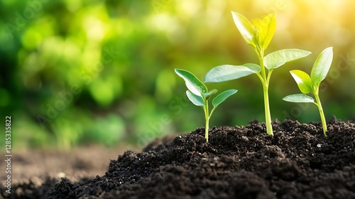 Fresh Green Seedlings Emerging from Soil in Lush Garden Environment with Soft Sunlight : Generative AI photo