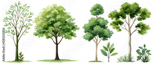 trees collection flat illustration side view clean white background