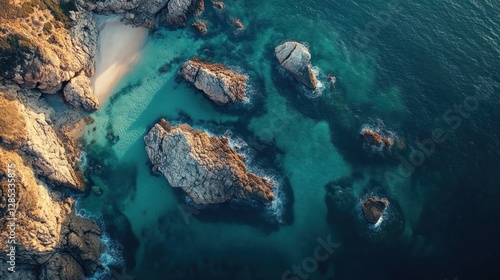 Aerial View of Serene Rocky Coastline with Clear Waters at Sunset