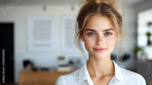 Free Download A confident young woman with a slender physique poses with an open shirt, revealing cleavage, against a blurred modern business background, symbolizing empowerment, elegance, and bold self-expression - GFXLoad