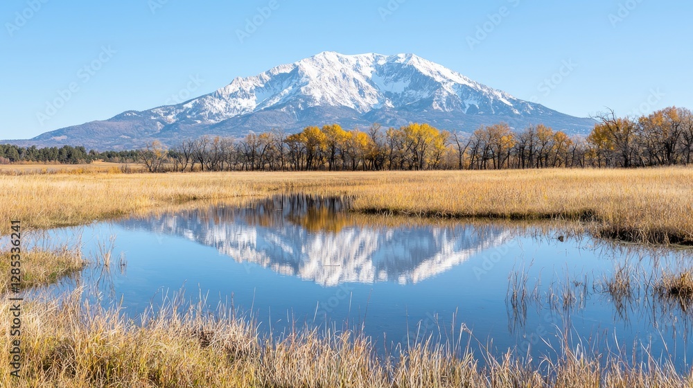 Mountain Reflection in Autumnal Meadow Mountain Reflection in Autumnal Meadow