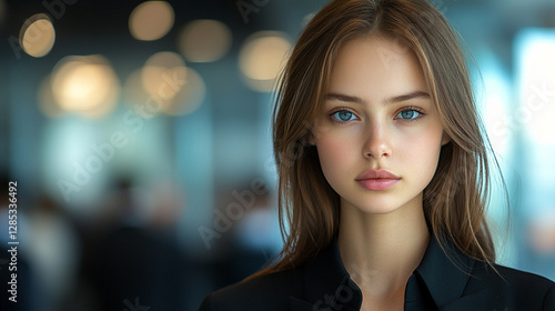 Wallpaper Mural A confident young woman with a slender physique poses with an open shirt, revealing cleavage, against a blurred modern business background, symbolizing empowerment, elegance, and bold self-expression Torontodigital.ca