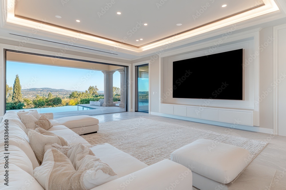 Elegant Living Room with Large TV Screen in Modern Home Elegant Living Room with Large TV Screen in Modern Home