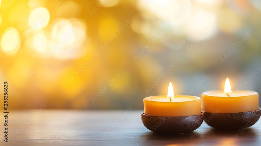 Two yellow candles glowing softly with a blurred warm background : Generative AI Two yellow candles glowing softly with a blurred warm background : Generative AI