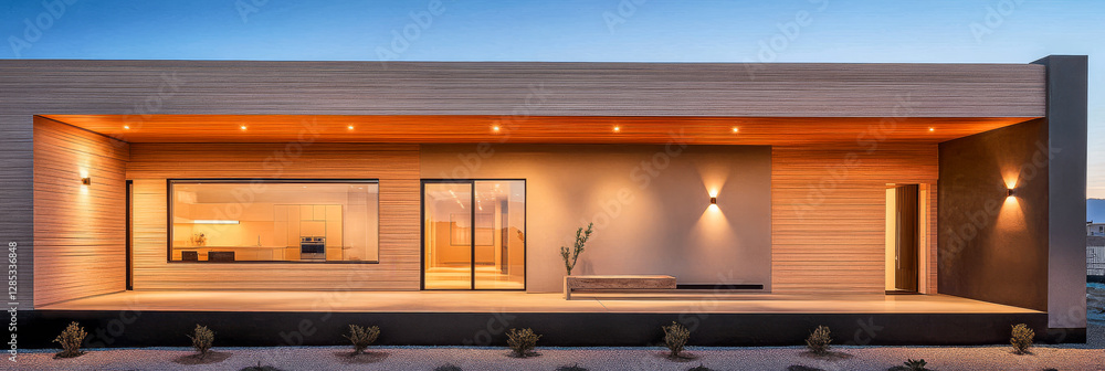 Modern wooden exterior of a house with large windows in a serene setting at dusk Modern wooden exterior of a house with large windows in a serene setting at dusk