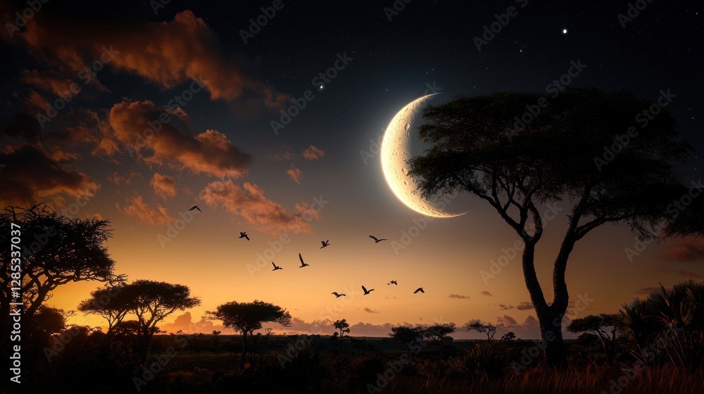 Fototapeta premium Serene twilight landscape with crescent moon and birds flying over savannah under starry sky